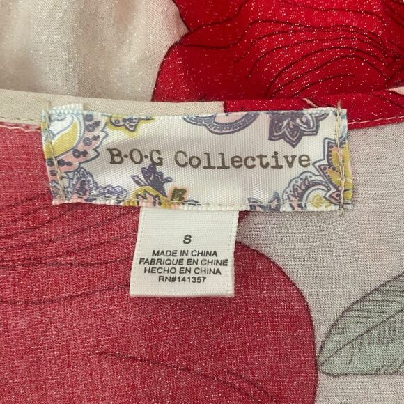 BOG Collective Blouse Crop Top Women S Red Cream Floral Shimmer Balloon Sleeve - Picture 8 of 10